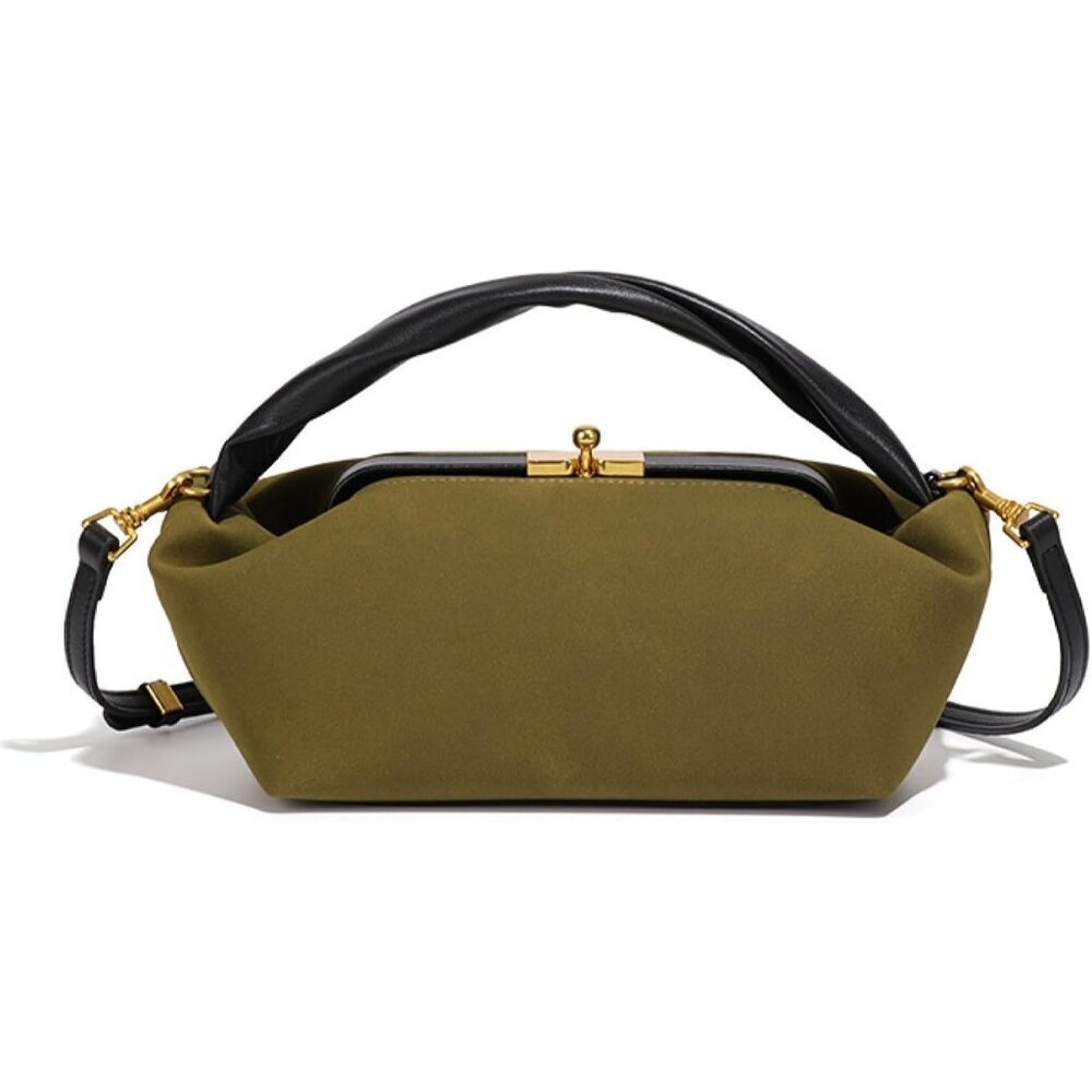 Women's Olive Faux Suede Vintage Slouchy Soft Satchel Kiss Lock Hobo Handbag